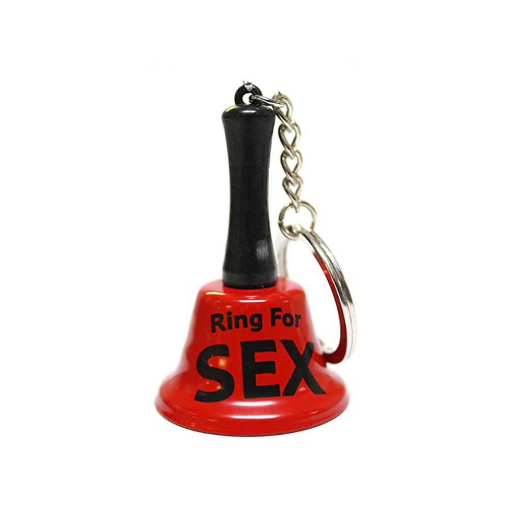 Miniature red novelty bell keychain with "Ring For SEX" text.