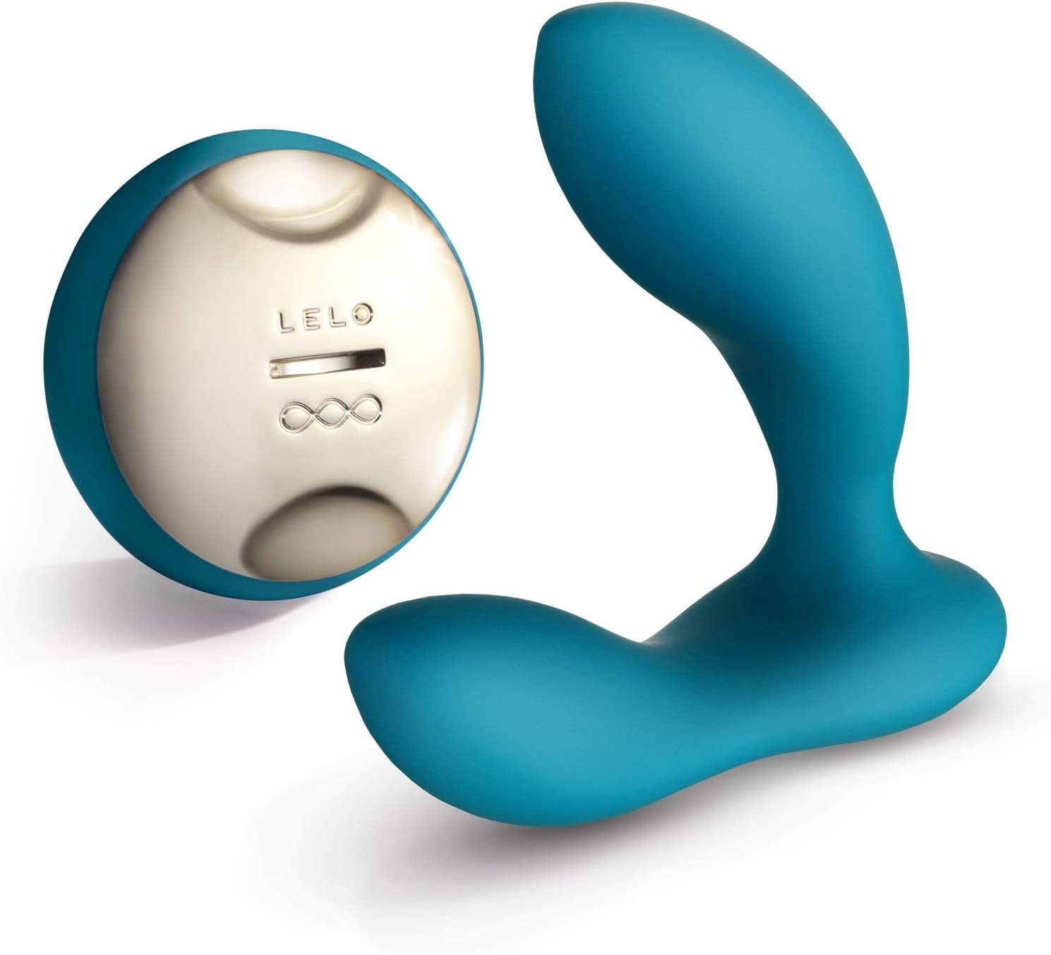 A teal Lelo Hugo remote prostate massager with a silver control panel.