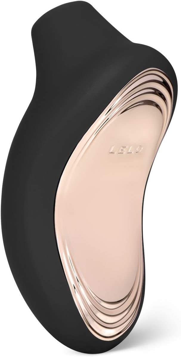 Black silicone sonic clitoral stimulator with a rose gold accent.