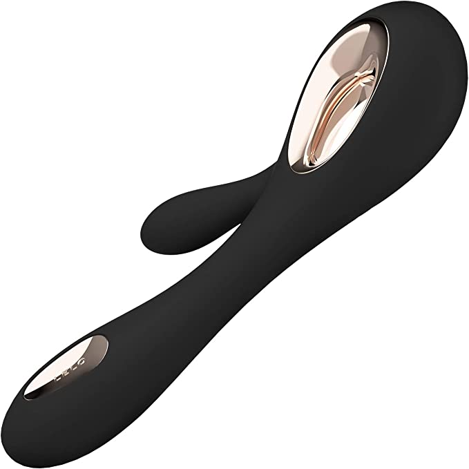 Black silicone Soraya Wave G-spot rabbit massager with rose gold accents.