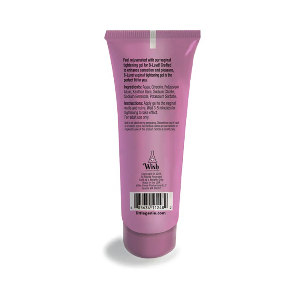 A pink tube of B-Luvd vaginal tightening gel with product information.
