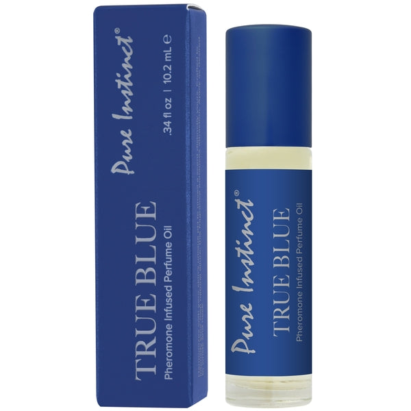 Pure Instinct True Blue Pheromone Infused Perfume Oil roll-on bottle and box.