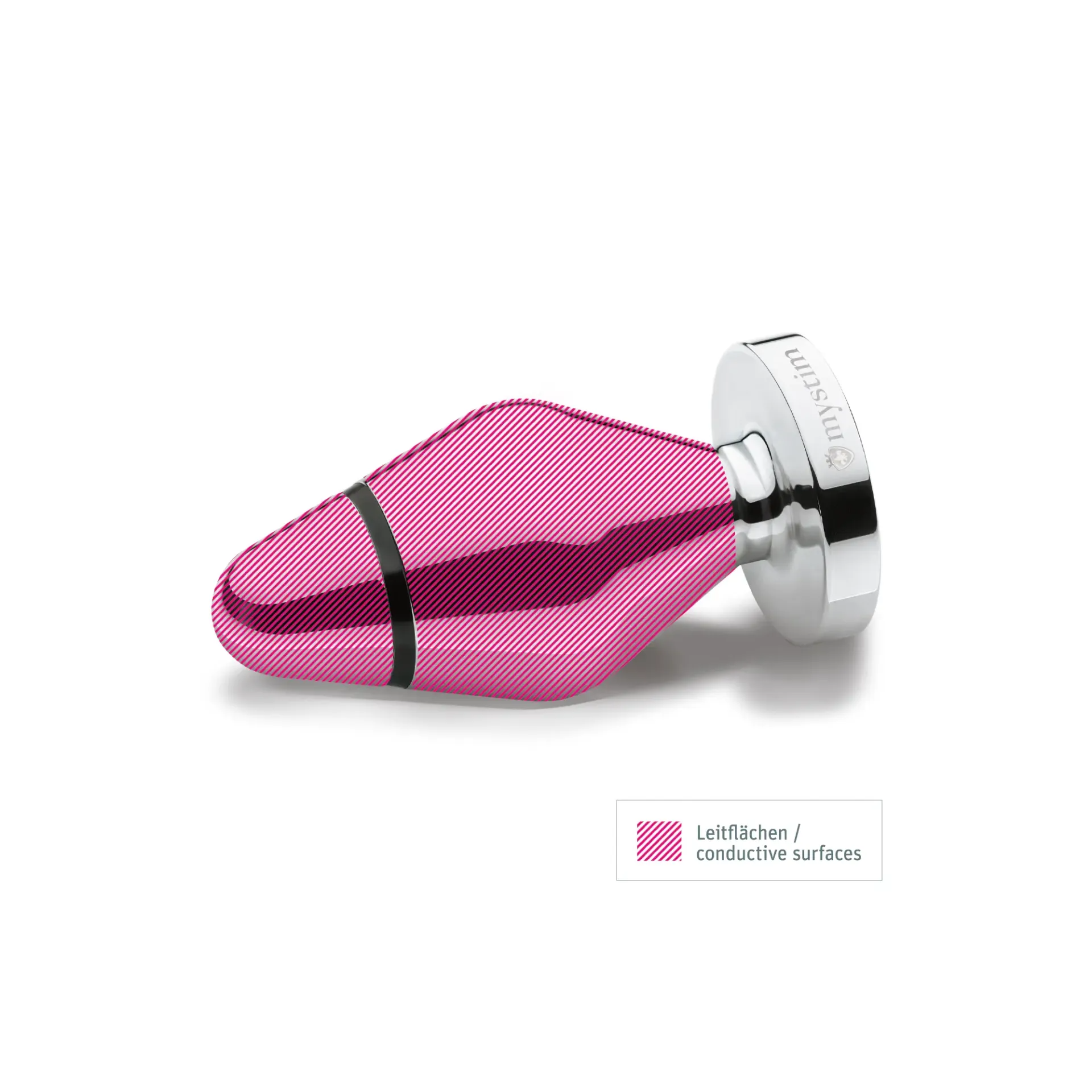 A pink ribbed anal plug with a silver base and the Mystim logo.