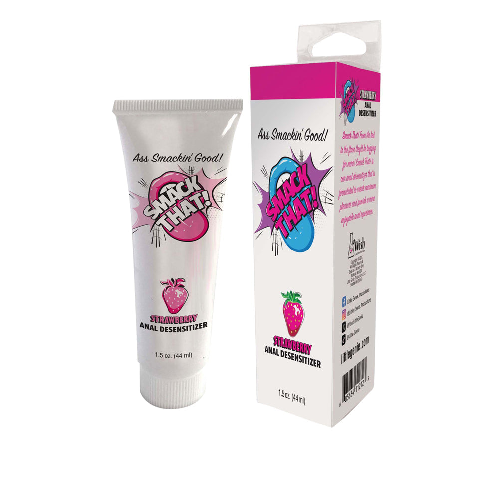 Strawberry anal desensitizer gel in a white tube with pink and blue branding.