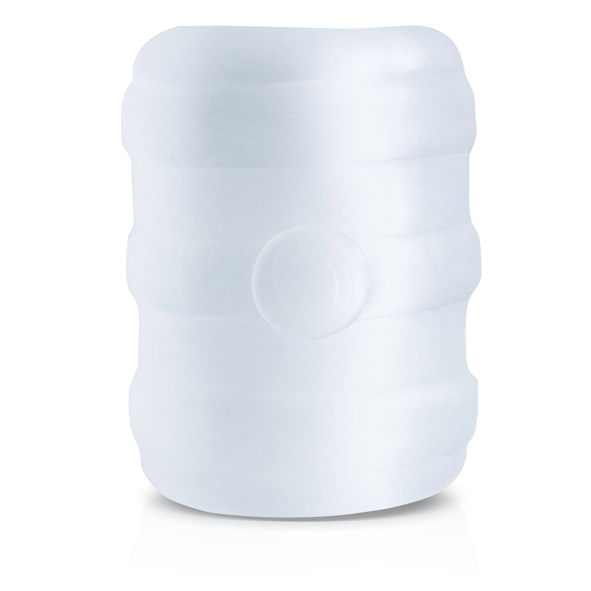 A white, ribbed penis ring and stroker with a circular indentation.