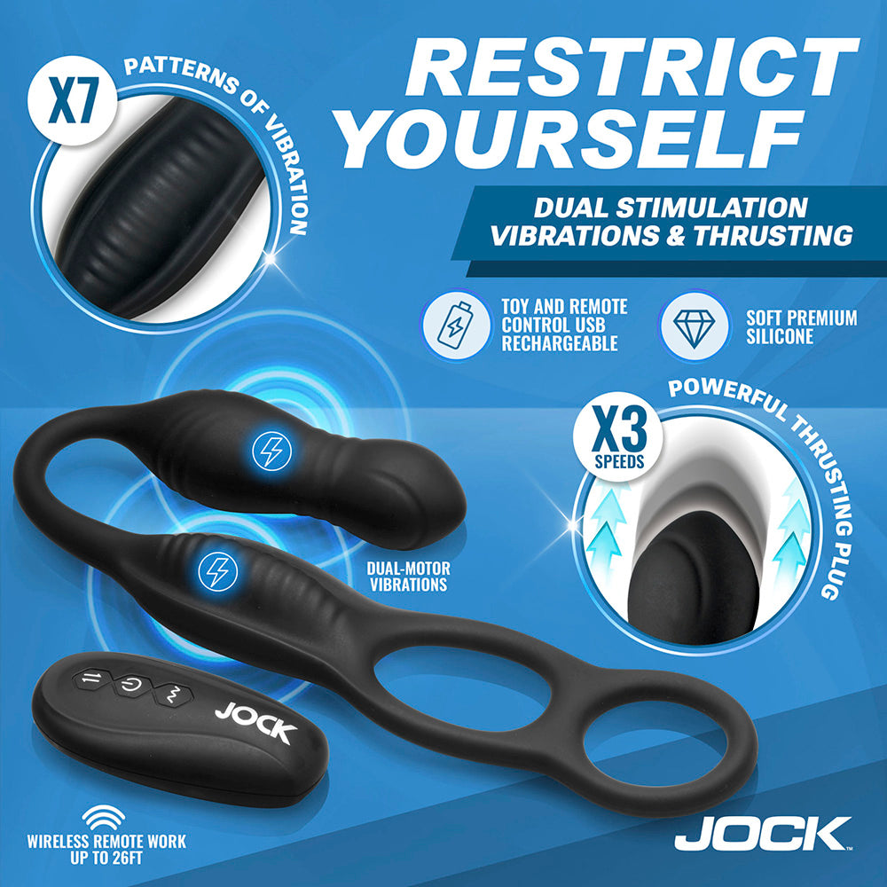 Black remote-controlled anal plug with C-ring and taint stimulator.