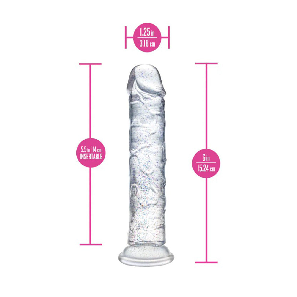 Clear flexible dildo with glitter, suction cup base, 6-inch length, and 1.5-inch width.