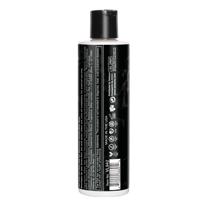 A black bottle of Valencia Naturals Mens Musk Body Wash with white text.