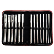 14-piece stainless steel Hegar uterine dilator set in a red case.