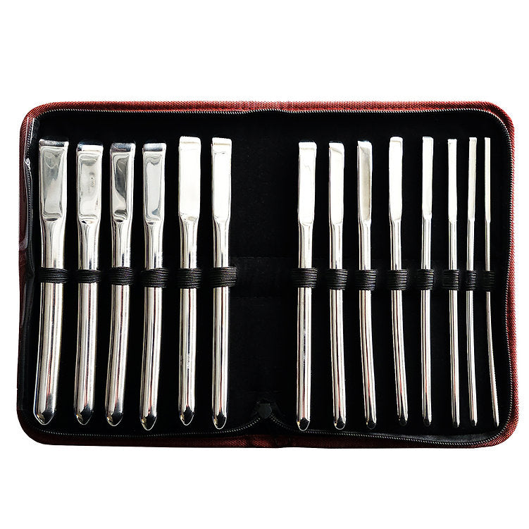 14-piece stainless steel Hegar uterine dilator set in a red case.