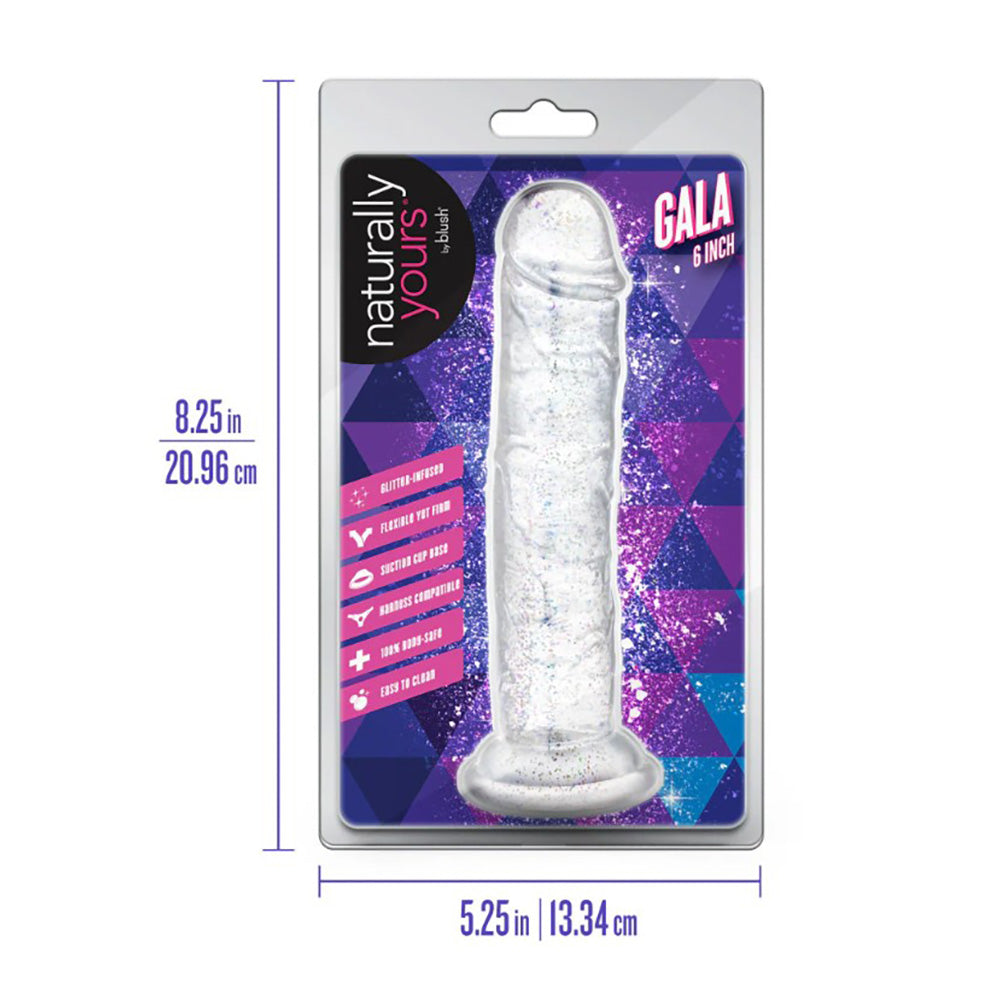 Gala 6 inch clear flexible dildo with glitter and suction cup base.