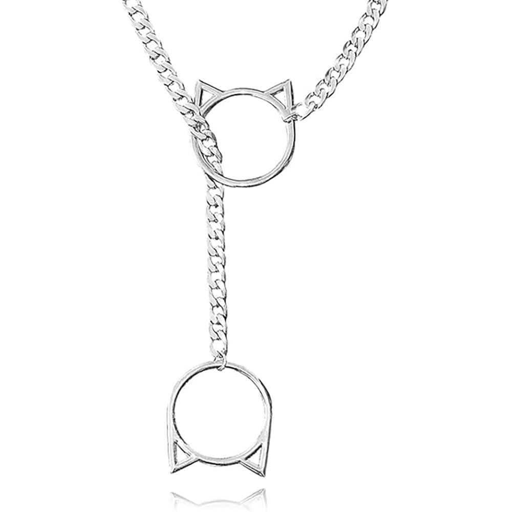 Silver chain necklace with two cat ear rings.