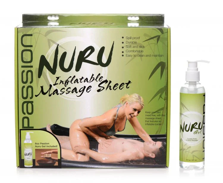 Nuru inflatable massage sheet and gel kit with couples on sheet.