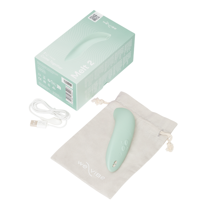 Sage Melt 2 app-controlled clitoral stimulator with charging cable and storage bag.