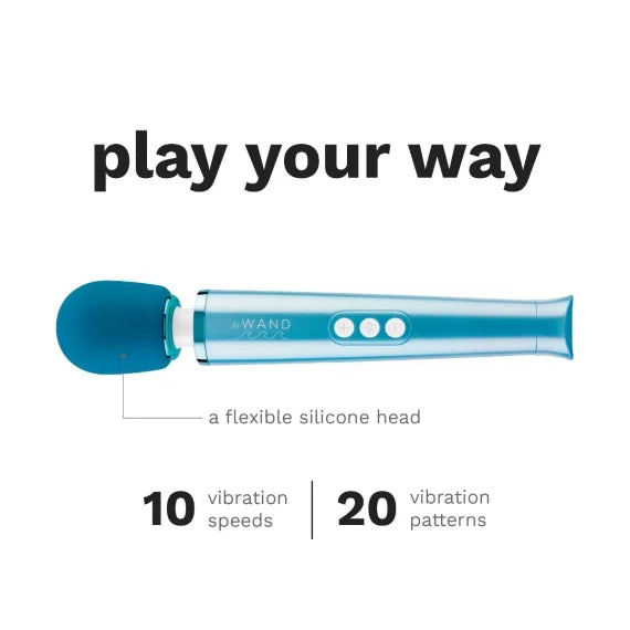 A blue wand massager with a flexible silicone head, 10 vibration speeds, and 20 vibration patterns.