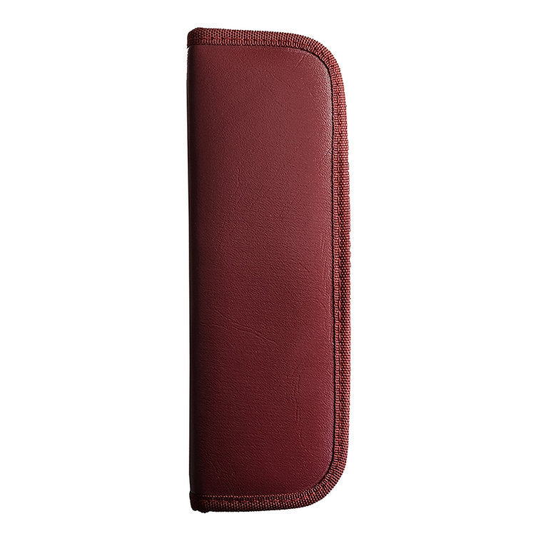 Maroon dual-ended dildo with textured side and stitched edge.