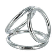 Chrome weighted cock and ball ring with three interconnected rings.