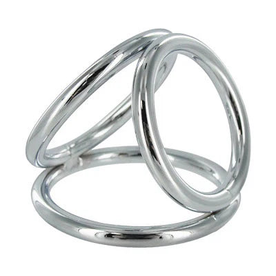 Chrome weighted cock and ball ring with three interconnected rings.
