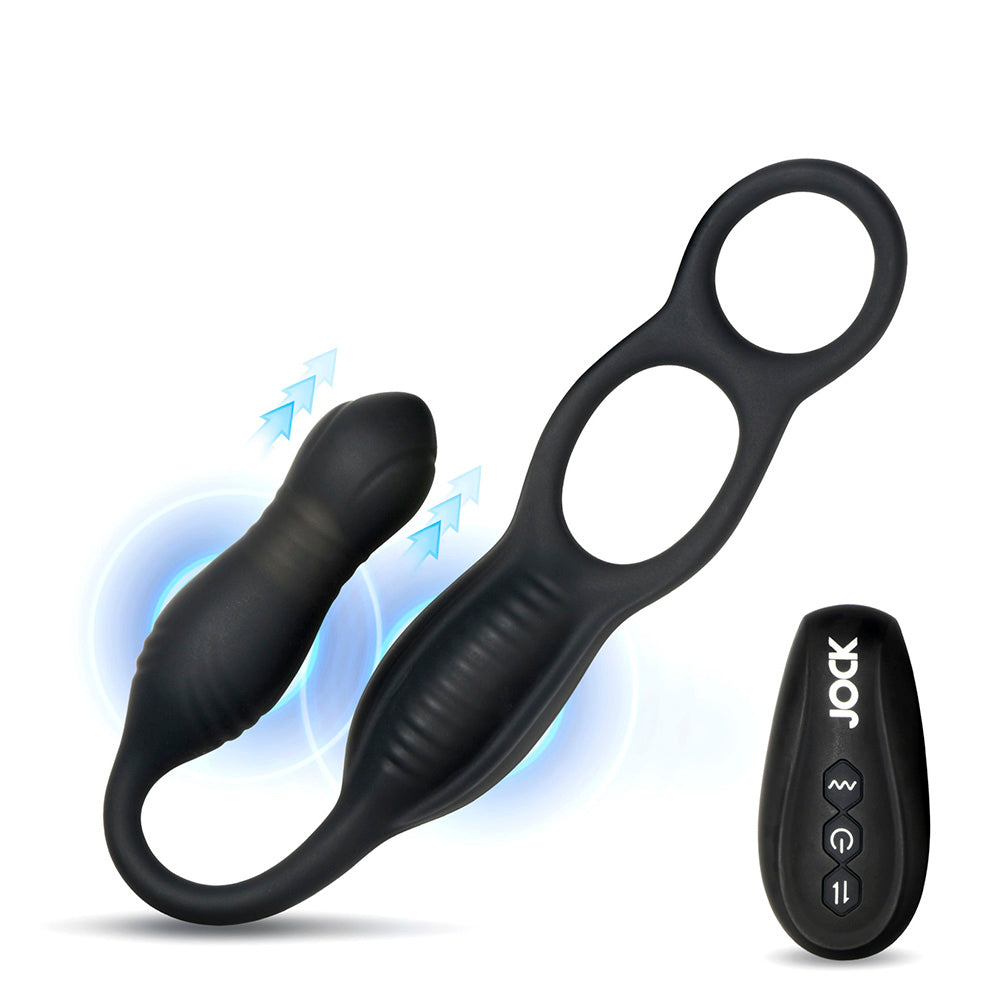 Black silicone anal plug with C-ring, taint stimulator, and remote control.