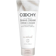 Coochy Oh So Smooth Shave Cream in a white tube with a textured fabric design at the top.