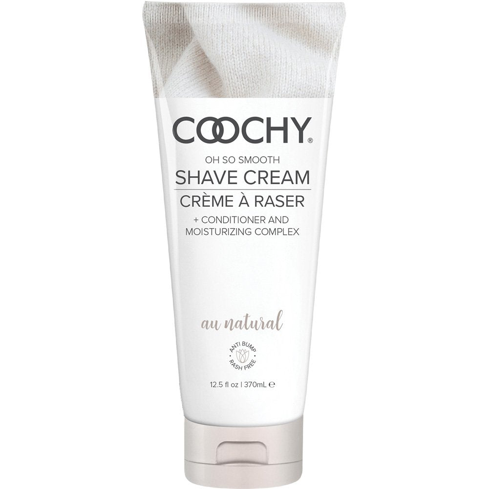 Coochy Oh So Smooth Shave Cream in a white tube with a textured fabric design at the top.