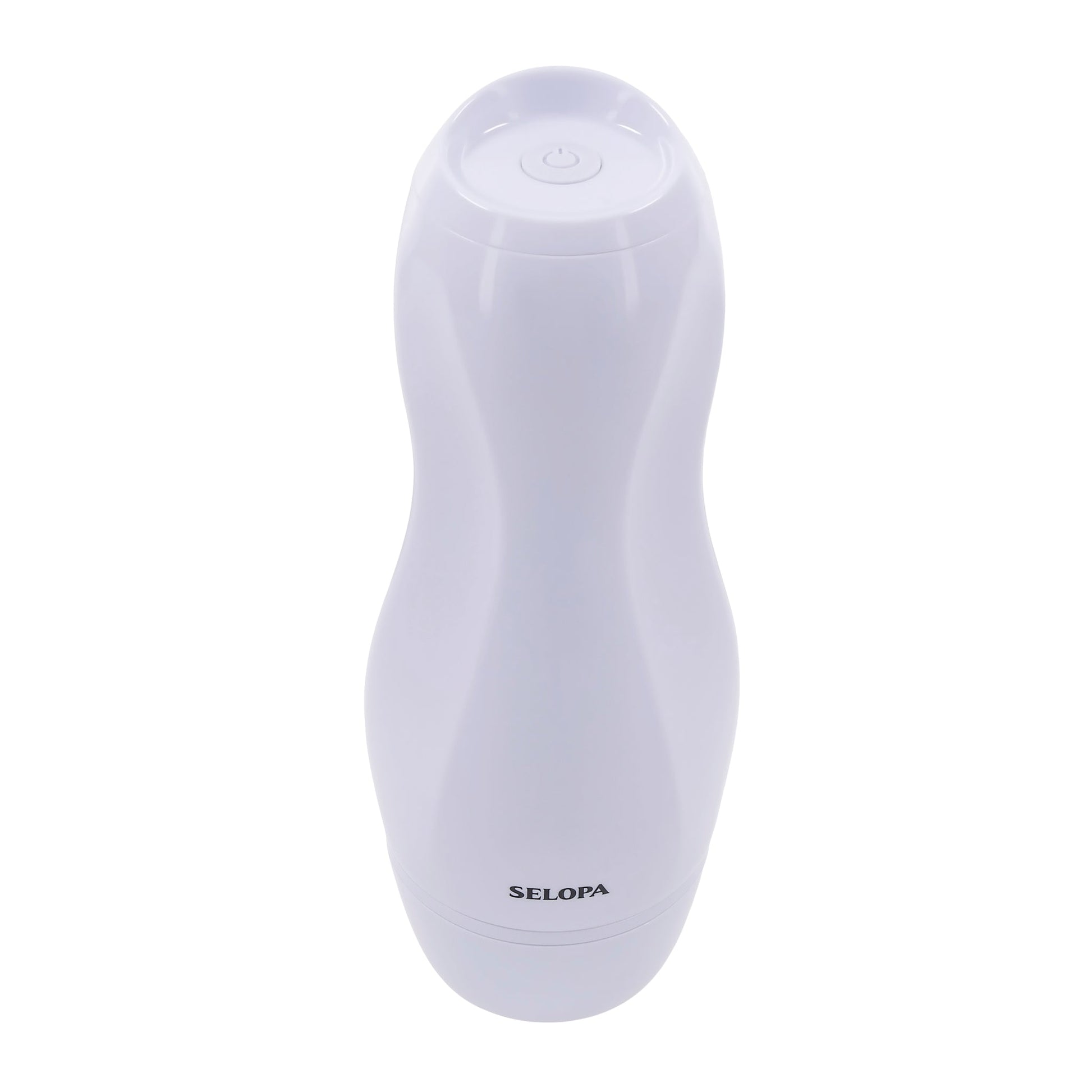 White Selopa vibrating vaginal stroker with power button and brand name.