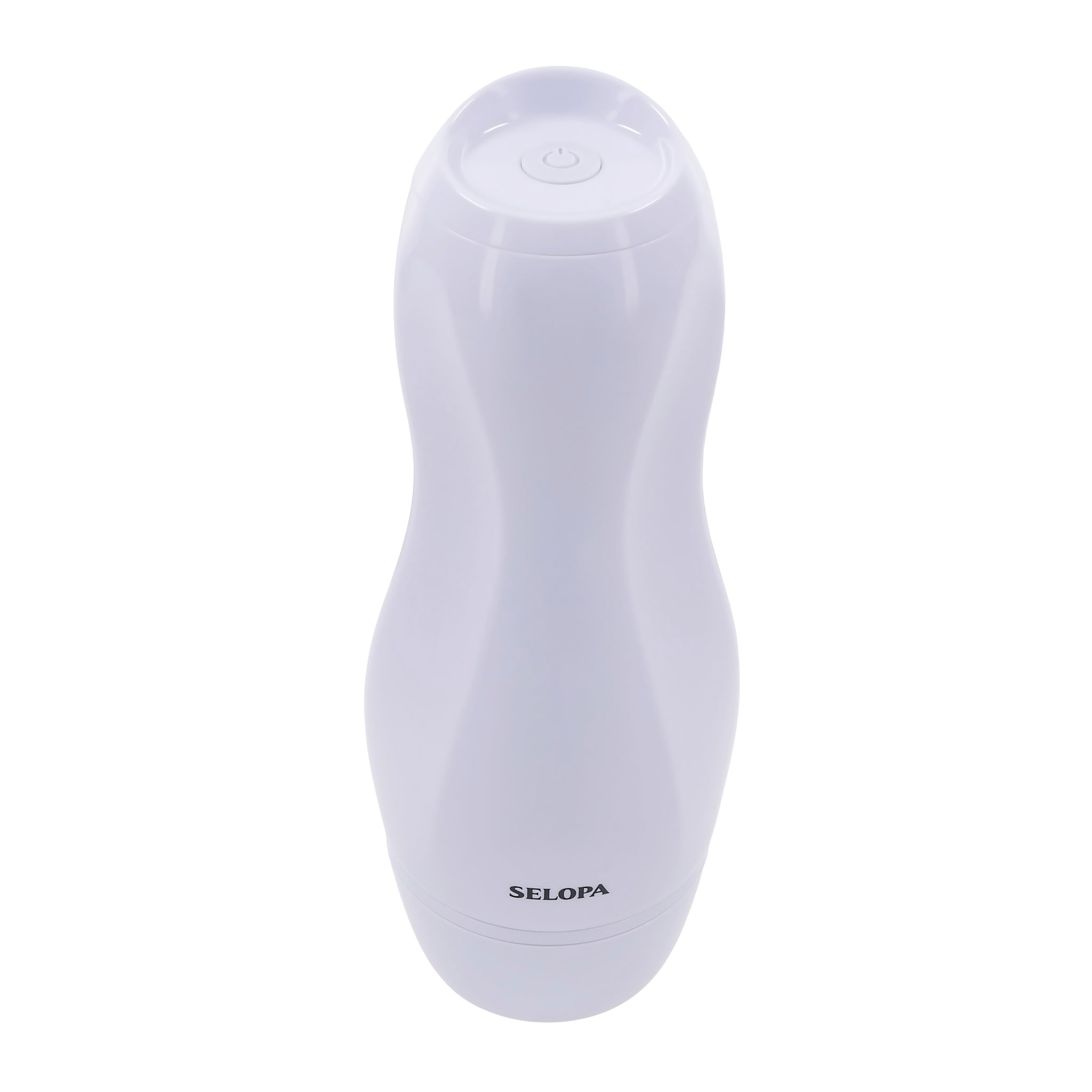 White Selopa vibrating vaginal stroker with power button and brand name.