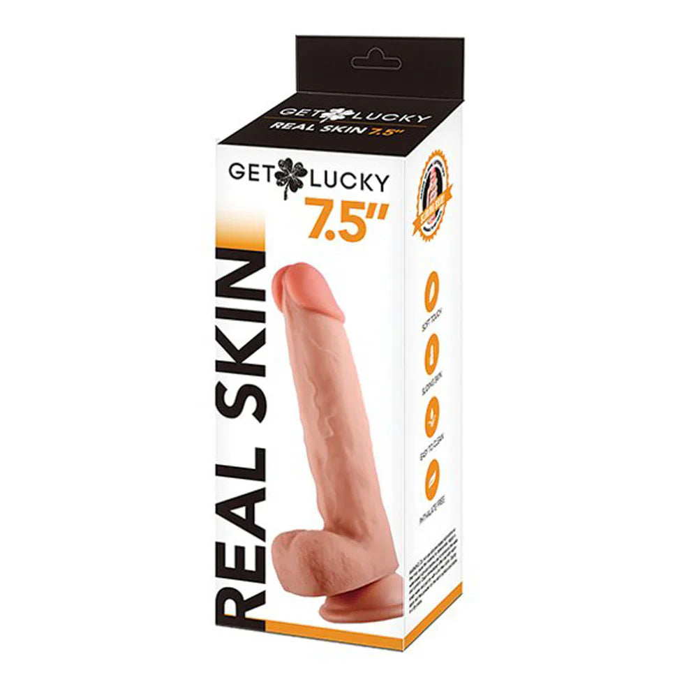 Boxed 7.5-inch waterproof realistic dildo with soft, lifelike skin texture.