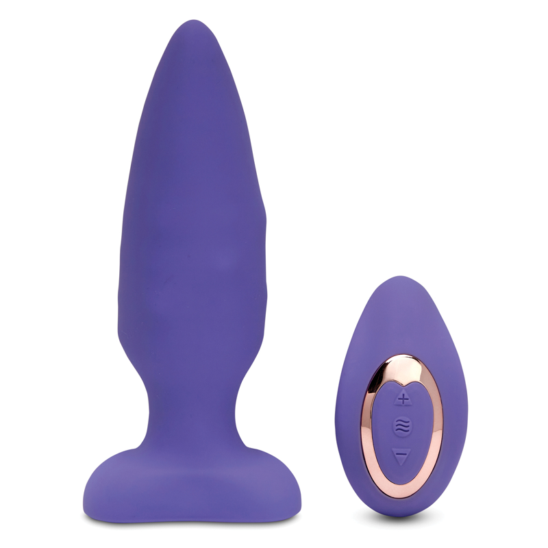A purple anal plug and remote control with rose gold accents.
