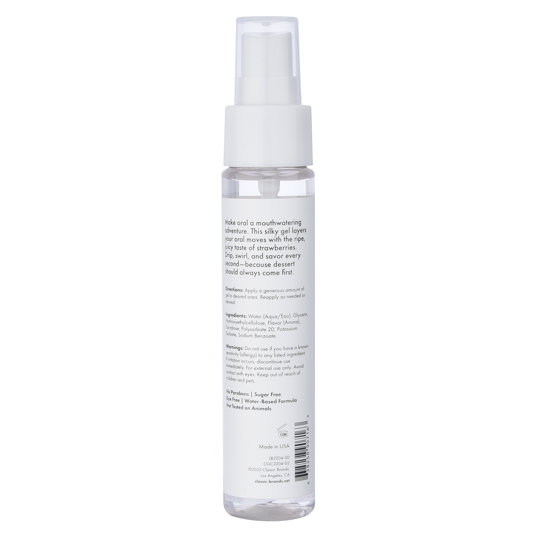 A clear bottle of strawberry flavored oral gel with product information.
