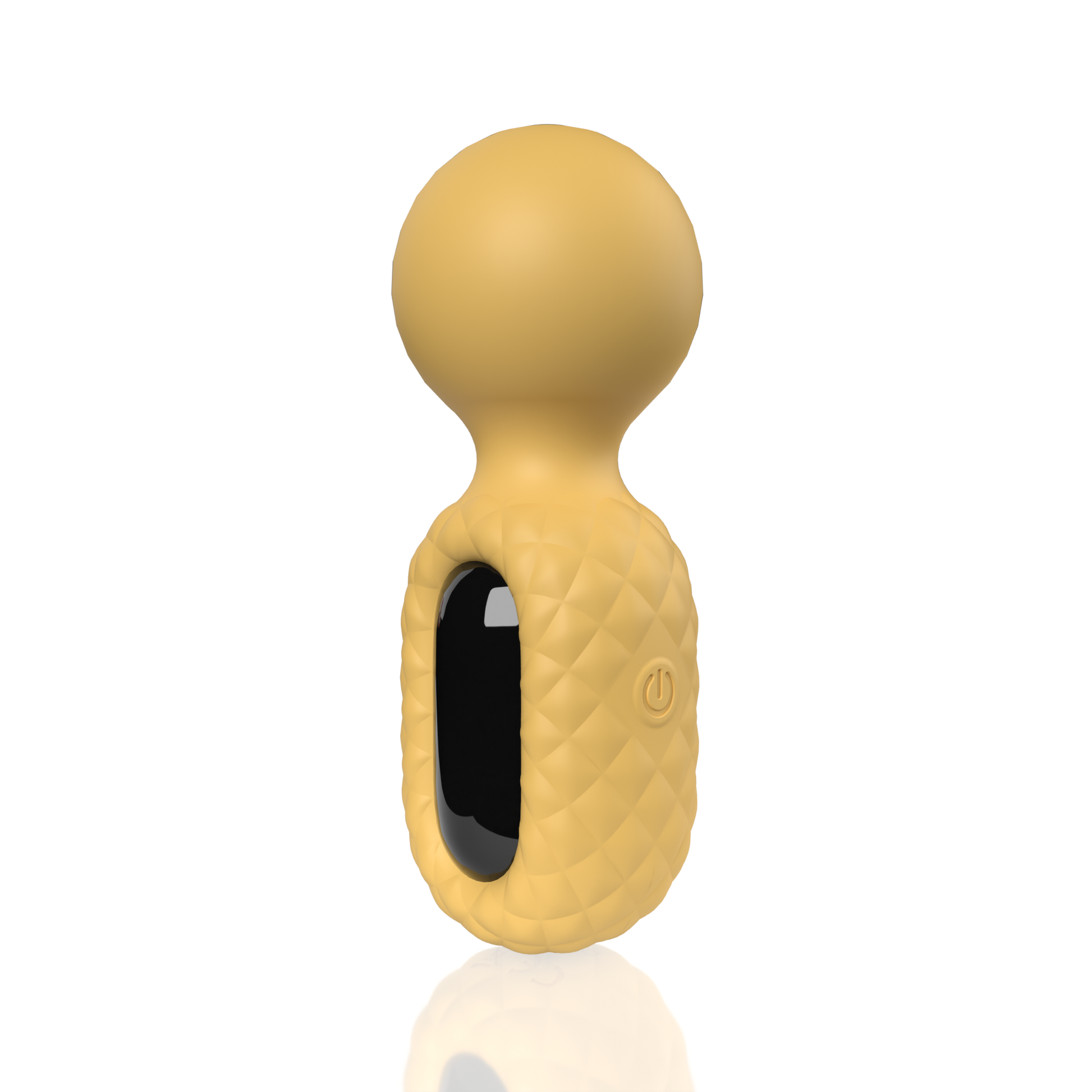 Yellow rechargeable wand with a textured body and a power button.