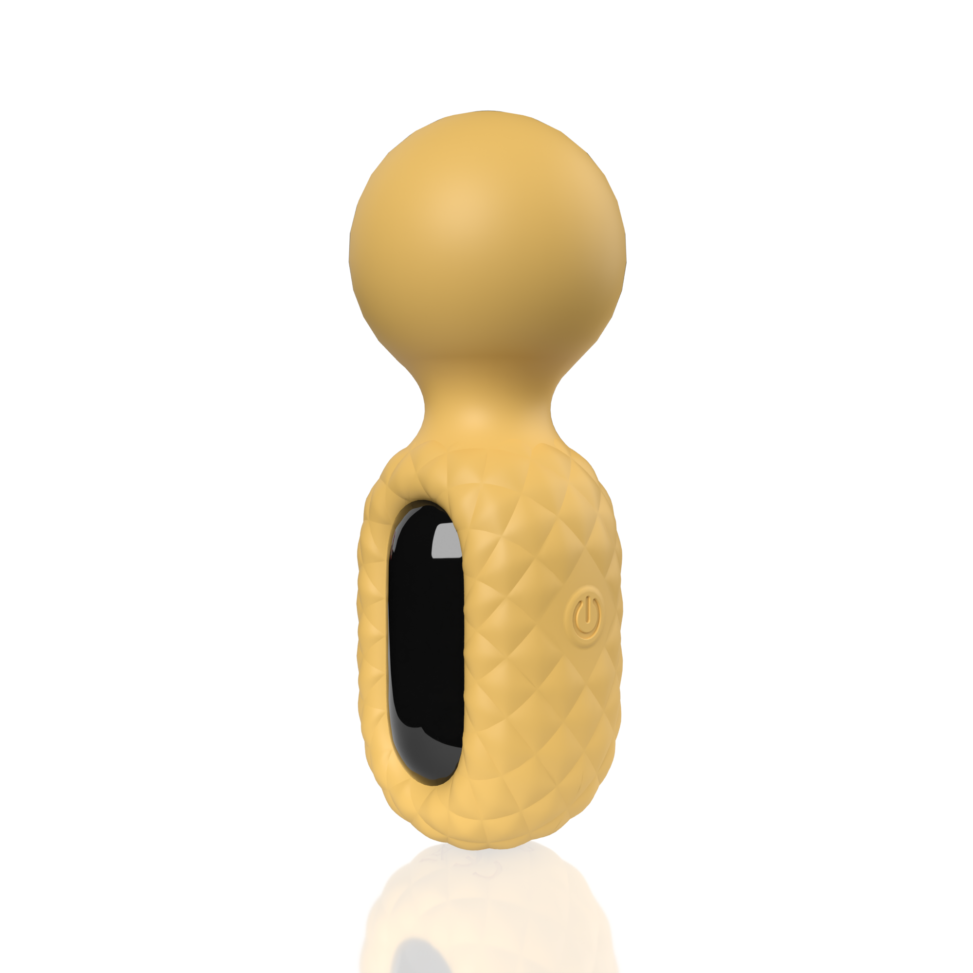 Yellow rechargeable wand with a textured body and a power button.