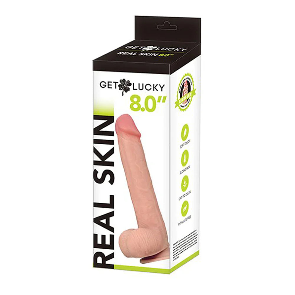 Boxed 8-inch pink realistic dildo with soft skin texture and waterproof features.