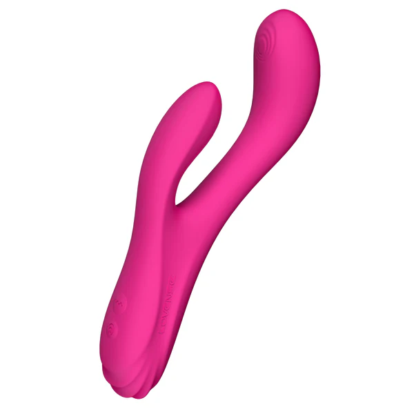 A pink app-controlled oscillating rabbit vibrator with two curved ends.