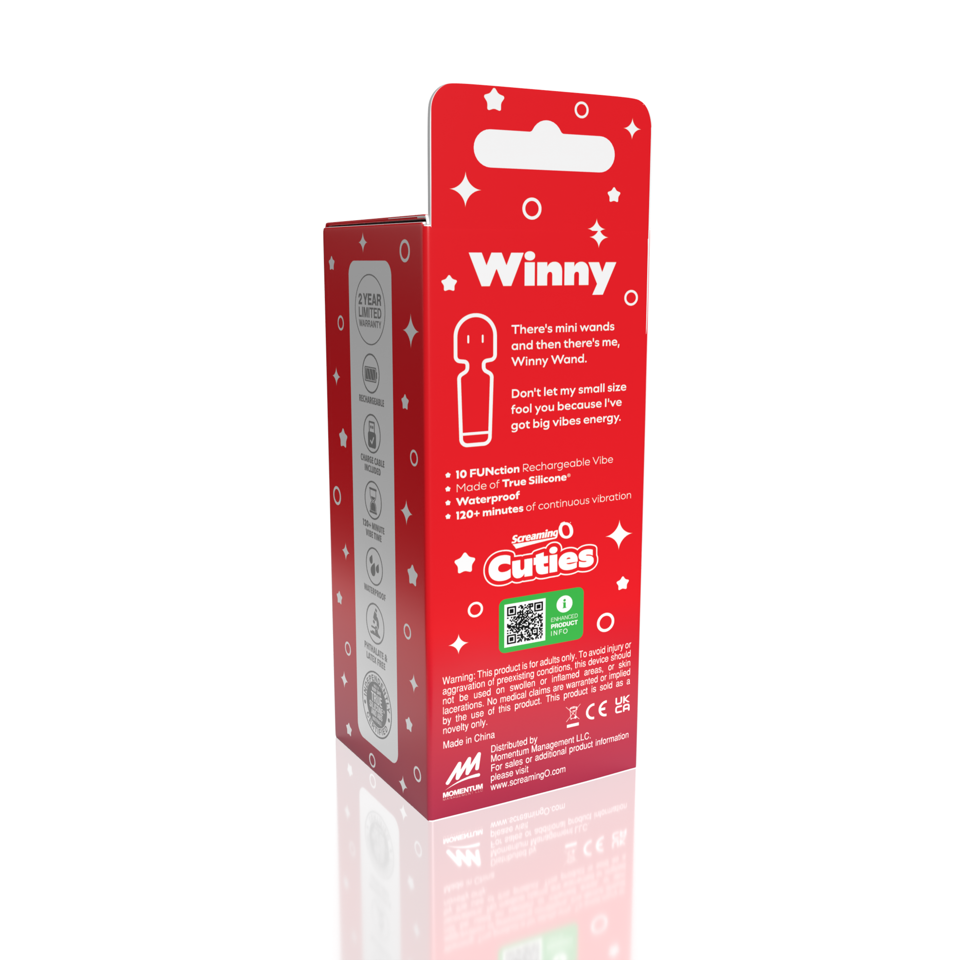 A red box for the Winny Rechargeable Mini Wand Vibrator, made of waterproof silicone.
