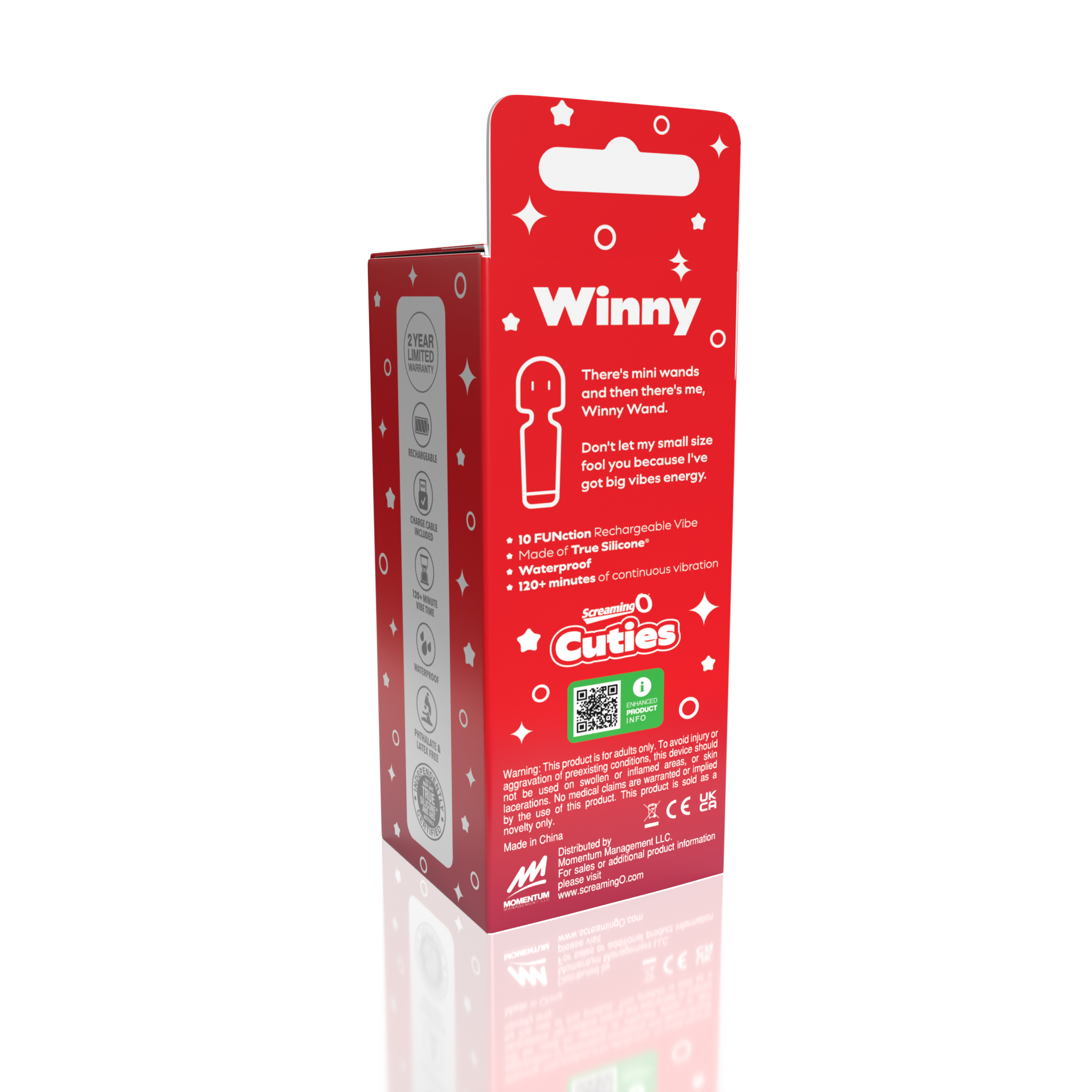 A red box for the Winny Rechargeable Mini Wand Vibrator, made of waterproof silicone.