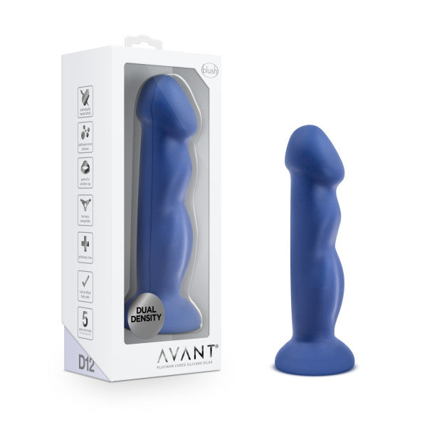 Blue dual density silicone dildo with G-spot curves in white box.