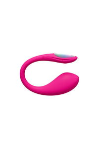 Pink app-controlled remote vibrator with a curved design.