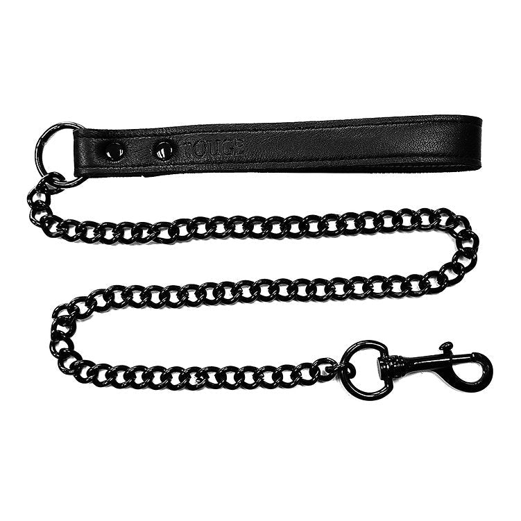 Black leather lead with a black metal chain and trigger hook.