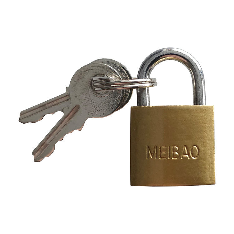 A brass padlock with the word MEIBAO embossed on it and two keys.