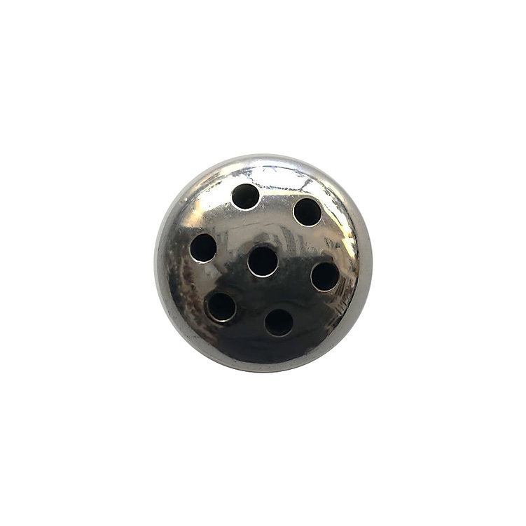 Stainless steel penis plug with a shower head design and multiple holes.