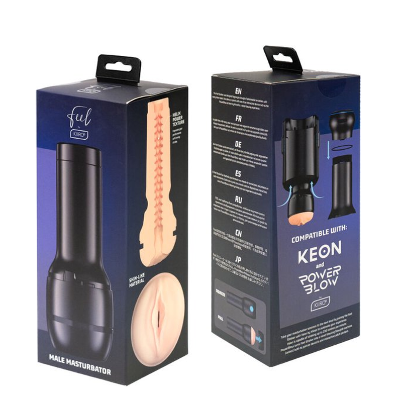 Kiiroo Feel Stroker male masturbator with realistic TPE sleeve and helix texture.