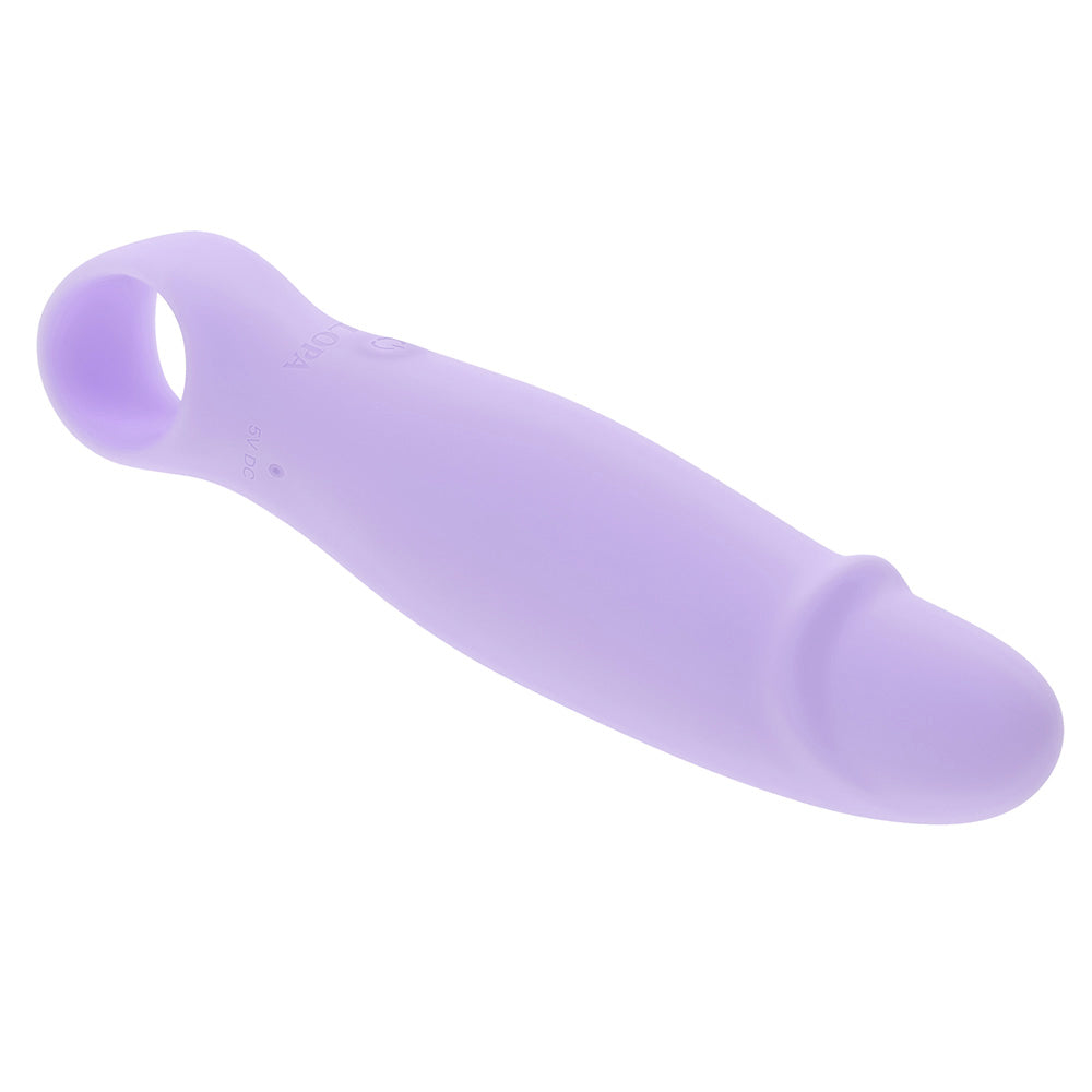 A purple silicone vibrator with a ringed handle and tapered tip.