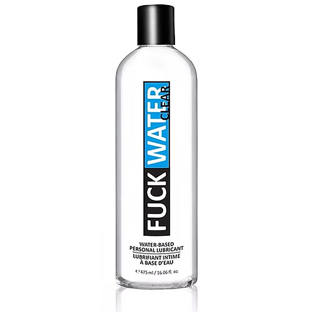 A clear bottle of FuckWater Clear water-based lubricant with a black cap.