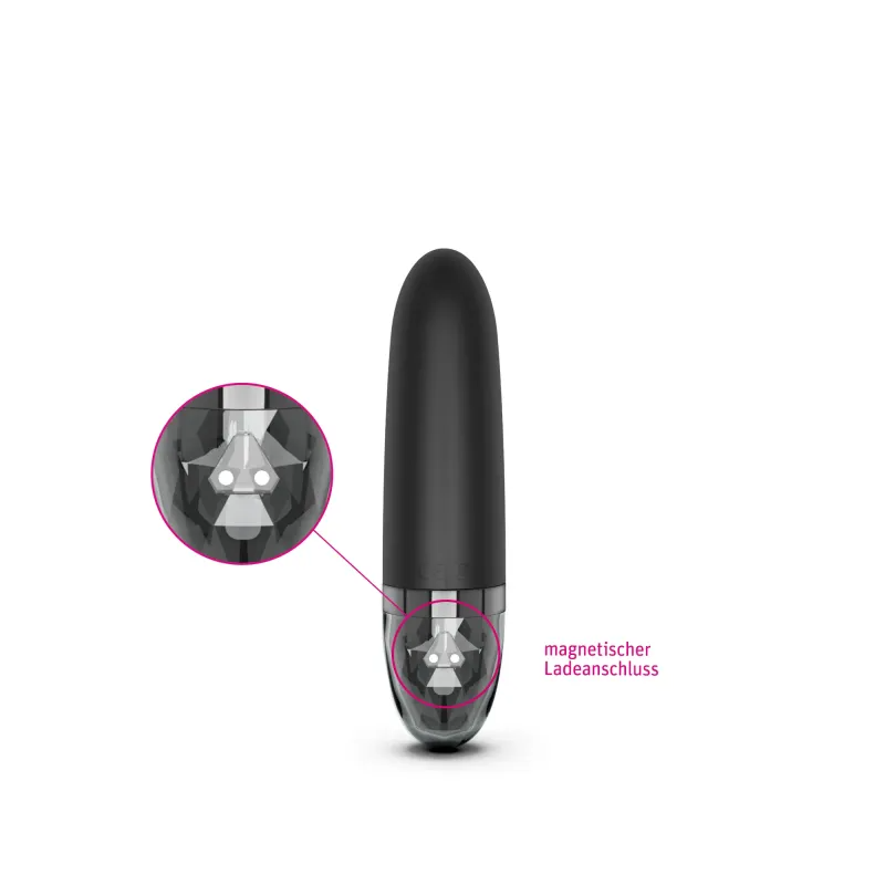 Ein schwarzer Vibrator mit magnetischem Ladeanschluss und einem detaillierten Ausschnitt.