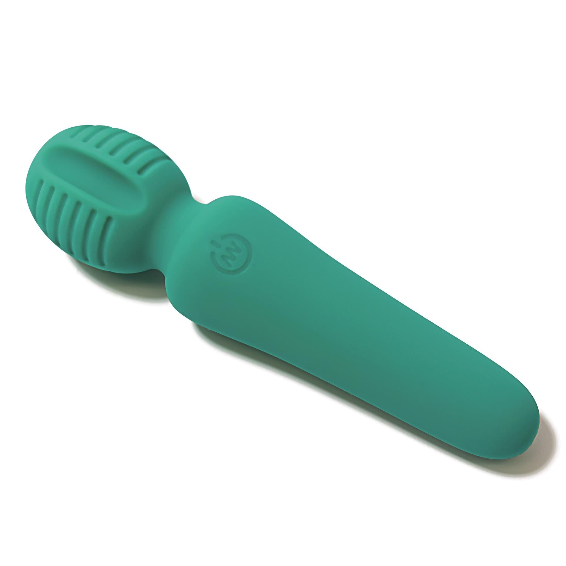 Teal silicone wand vibrator with ribbed head and a power symbol.