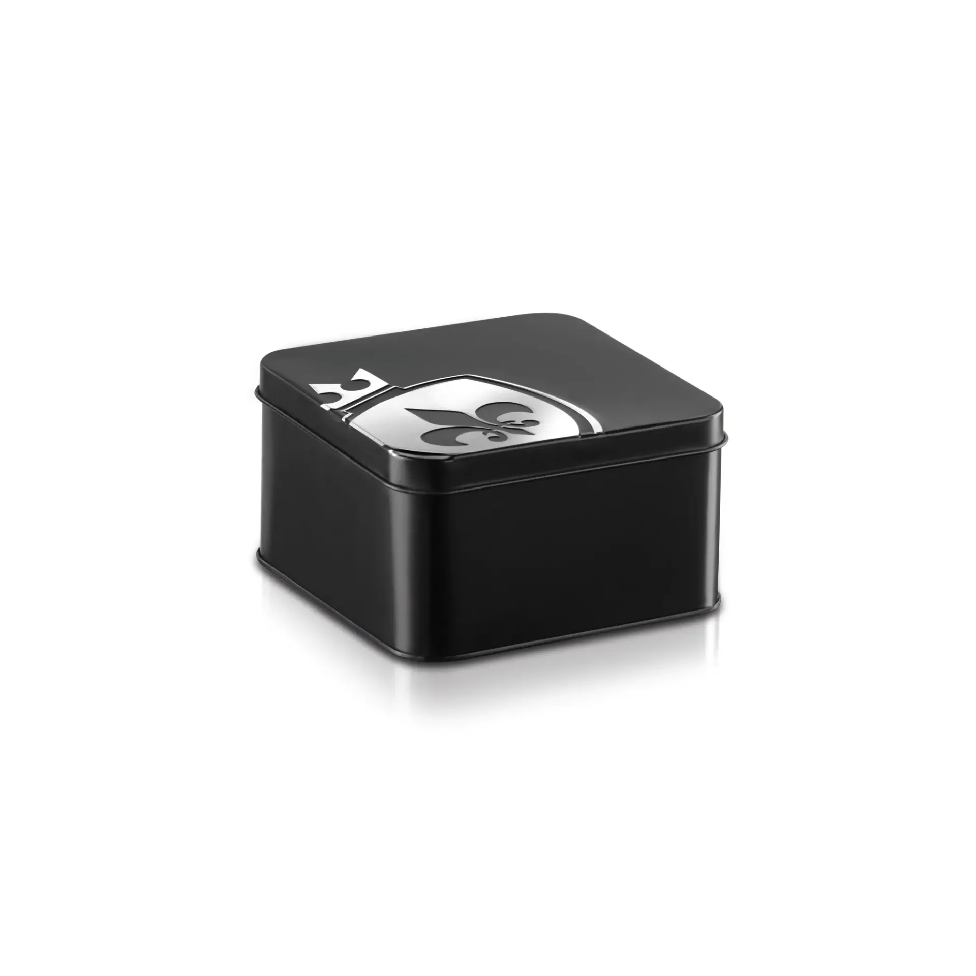 Black metal tin with a silver fleur-de-lis crest.