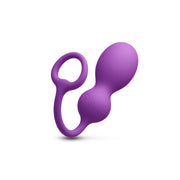 A purple silicone vibe with a loop and a power button symbol.