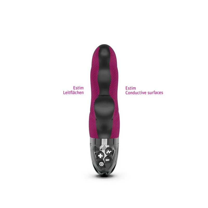 A pink and black ribbed vibrator with control buttons at the base.