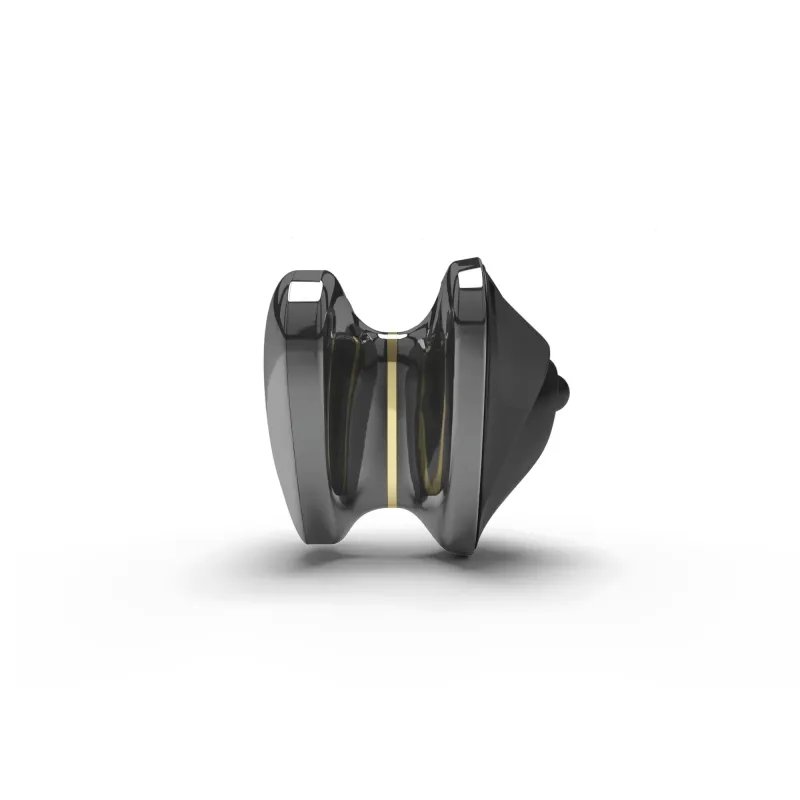 A dark, metallic, hourglass-shaped vibrator with a gold stripe.
